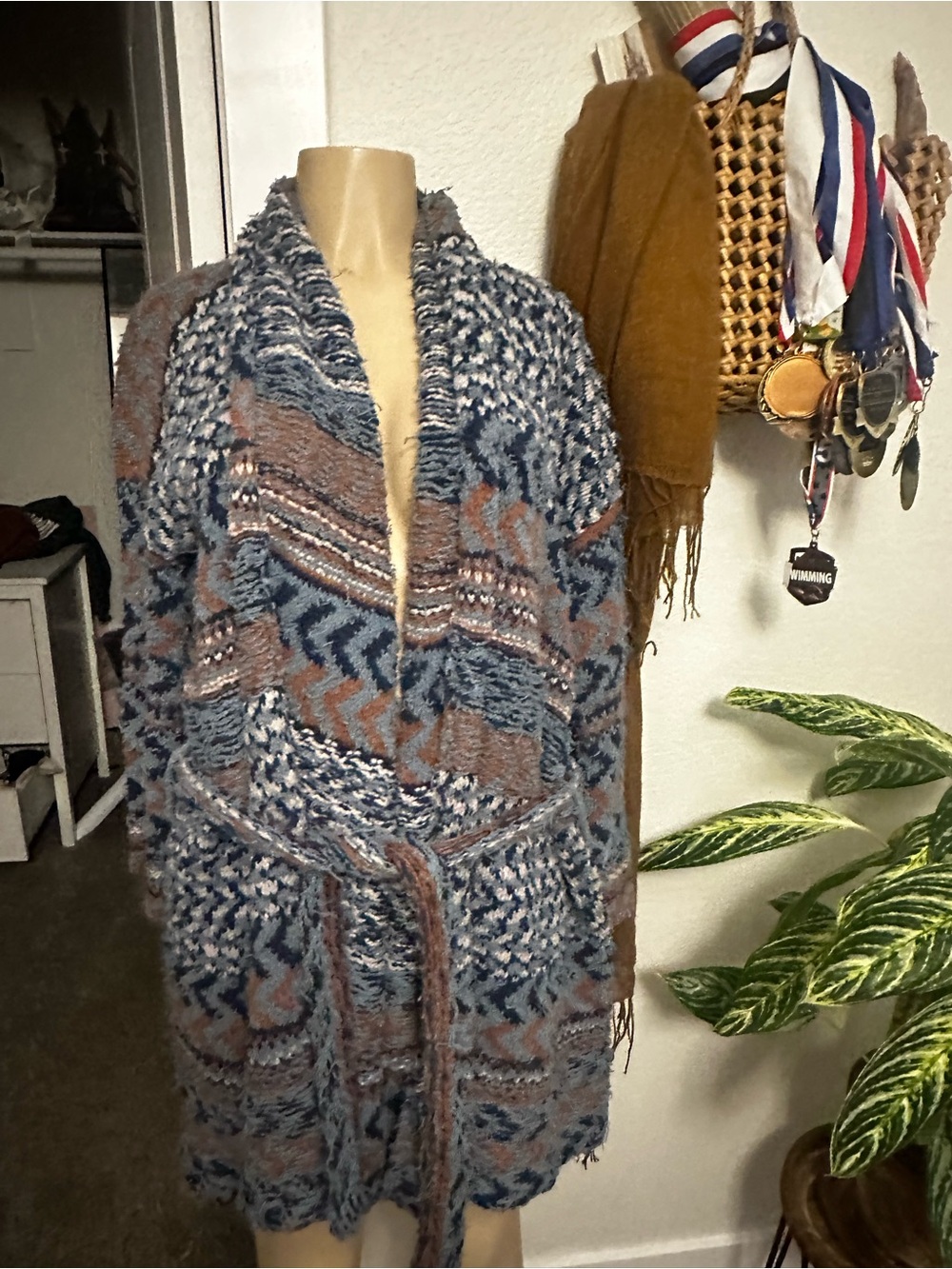 Free People Multicolor Patterned Shawl Collar Knit Coatigan in Blue and Brown